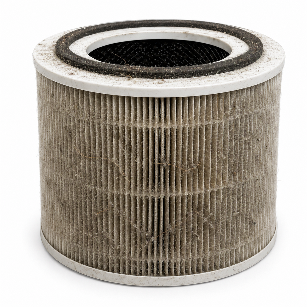 The same filter, gray with dust and pet hair after months in a real home