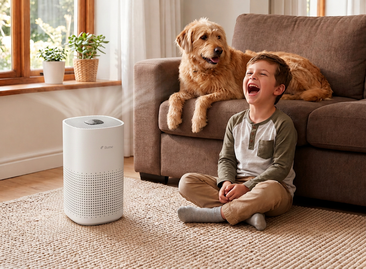 A child and their dog at home in cleaner air