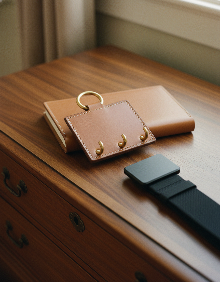 The Ilume leather belt hanger — vegetable-tanned tan leather with brass D-ring and three brass hooks