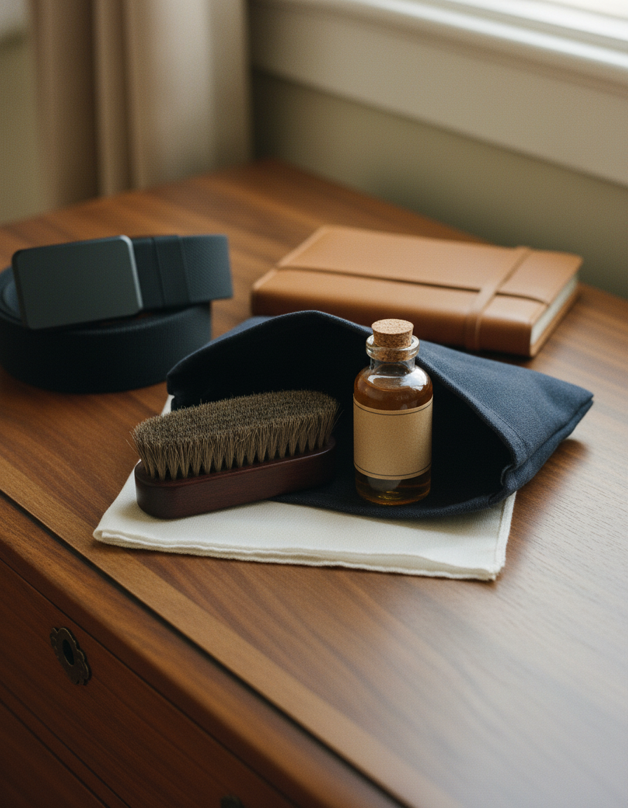 The Ilume leather-care kit — horsehair brush, conditioner, polishing cloth in a canvas roll