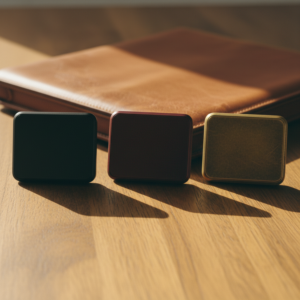 Three Ilume spare buckles in Ink, Cordovan, and Aged Brass finishes